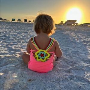 MUD PIE GIRLS' PINK CROCHET FLOWER SWIMSUIT